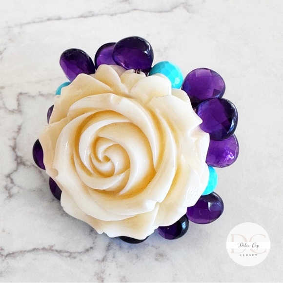 Sterling Silver 925 Resin Ring With Amethyst And Turquoise Real Quartz - Picture 4 of 7